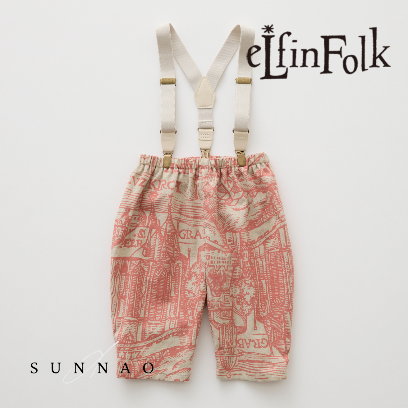 <eLfinFolk> Castle town print Suspenders Pants - salmon pink　
