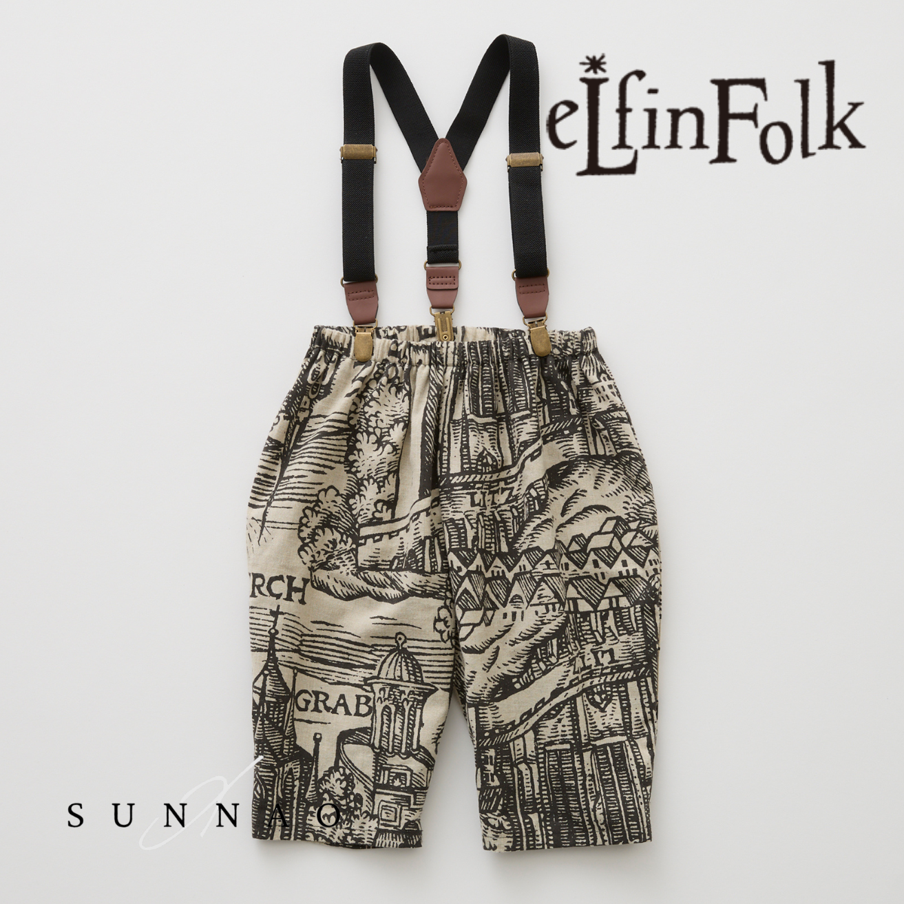 <eLfinFolk> Castle town print Suspenders Pants - black　