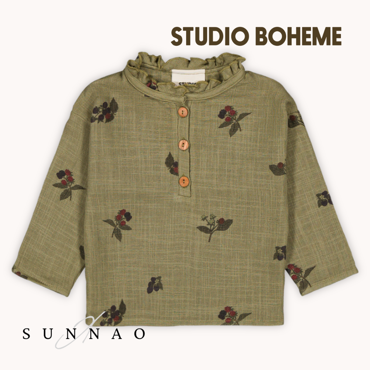 <STUDIO BOHEME PARIS> OLYMPE BLOUSE - GREEN ALOE / BLACKBERRIES