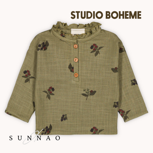 <STUDIO BOHEME PARIS> OLYMPE BLOUSE - GREEN ALOE / BLACKBERRIES