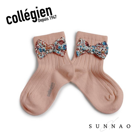 <Collégien>  Béatrice Ribbed Ankle Socks with Liberty Bow - Vieux Rose