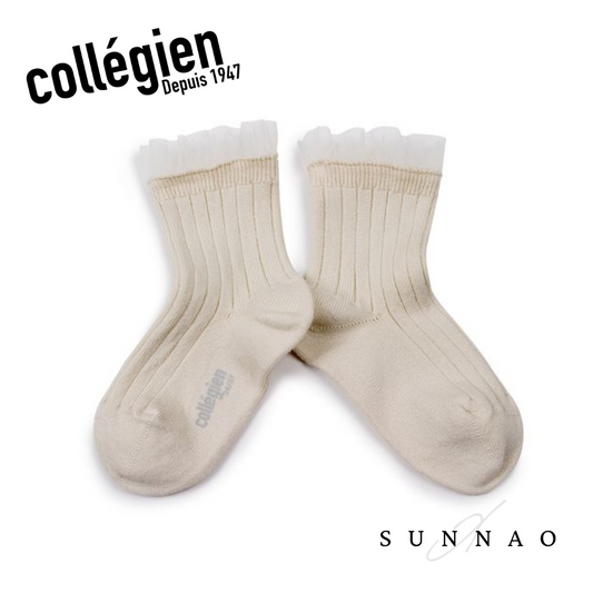<Collégien>  Margaux Tulle Frill Ribbed Ankle Socks - Doux Agneaux
