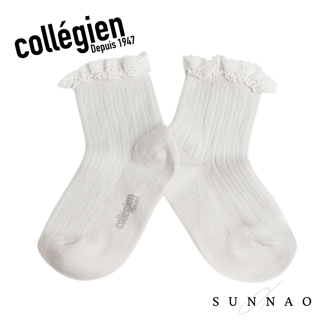 <Collégien>  Lili Lace Trim Ribbed Ankle Socks  - Blanc Neige