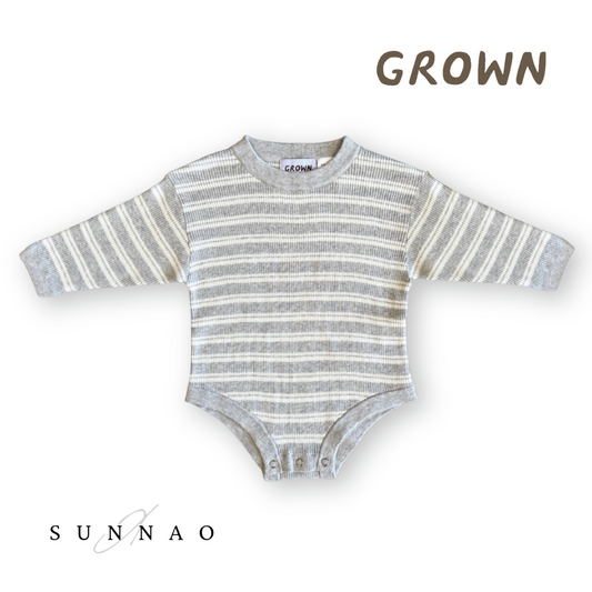 <GROWN> Ribbed Stripe Romper - Grey Marle/Milk