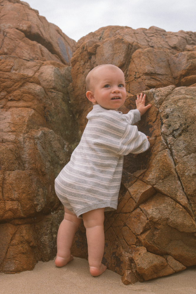 <GROWN> Ribbed Stripe Romper - Grey Marle/Milk