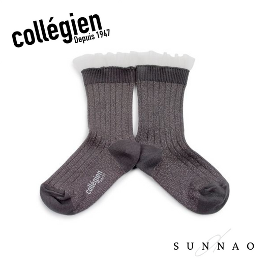 <Collégien>  Alizée Glitter Ribbed Crew Socks with Tulle Trim - Gris Galet