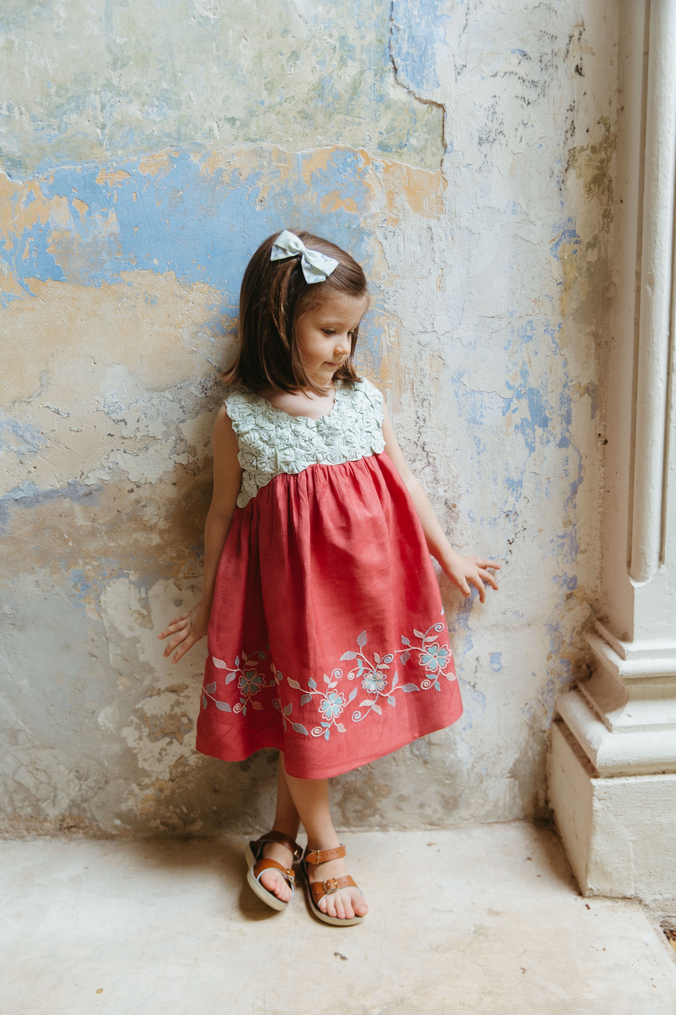 <Lali> Kate Rosette Dress in Pale Aqua and Brick Red