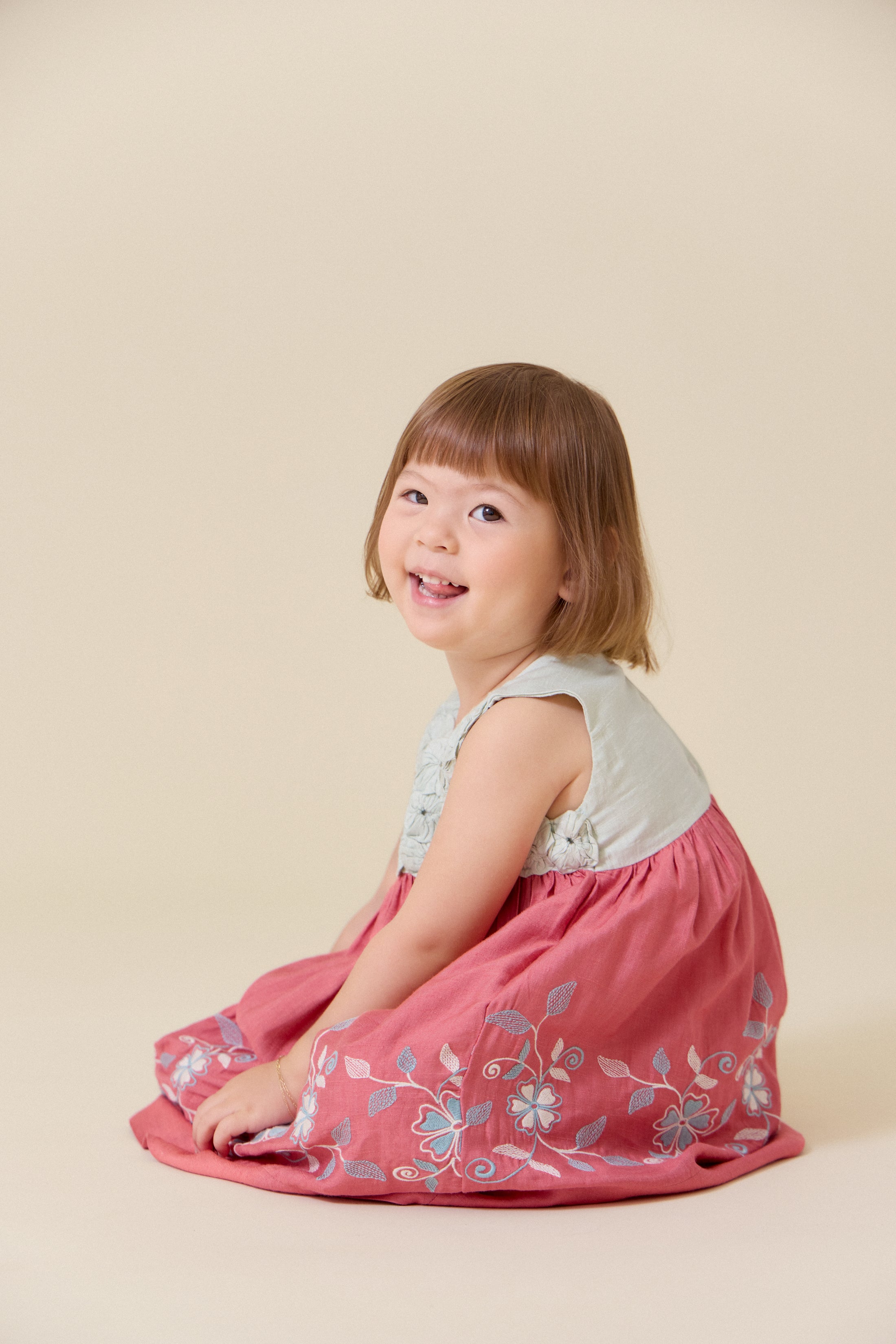 <Lali> Kate Rosette Dress in Pale Aqua and Brick Red