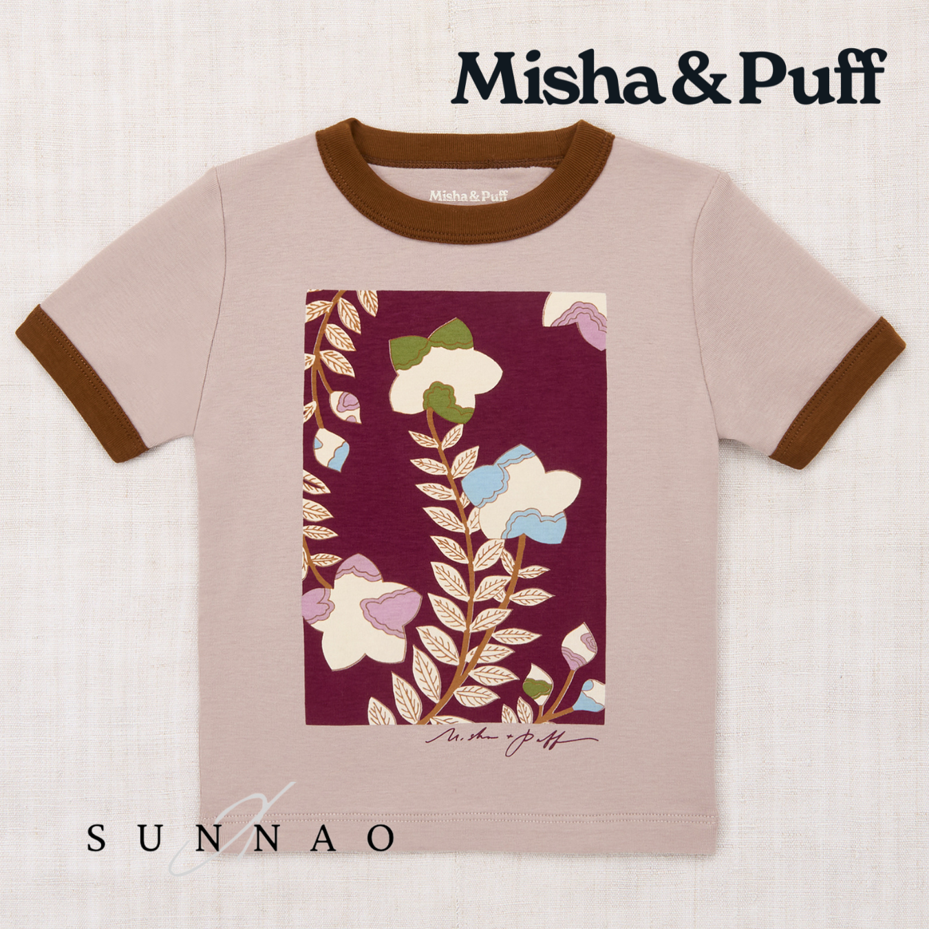 <Misha&Puff> Kikyo Flower Ringer Tee - Turtledove -DROP1　