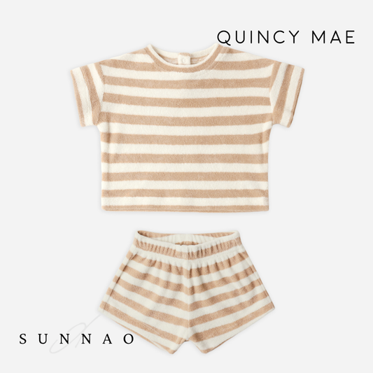 <Quincy mae> TERRY TEE + SHORT SET - LATTE STRIPE