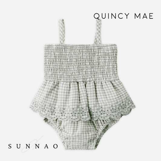 <Quincy mae> SMOCKED SKIRTED ROMPER - SAGE GINGHAM