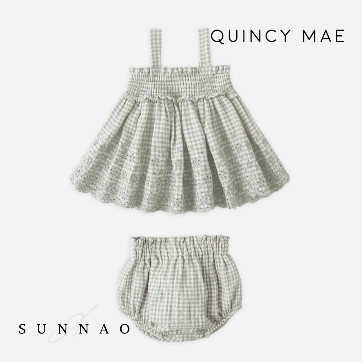 <Quincy mae> MAE SMOCKED TOP + BLOOMER SET - SAGE GINGHAM