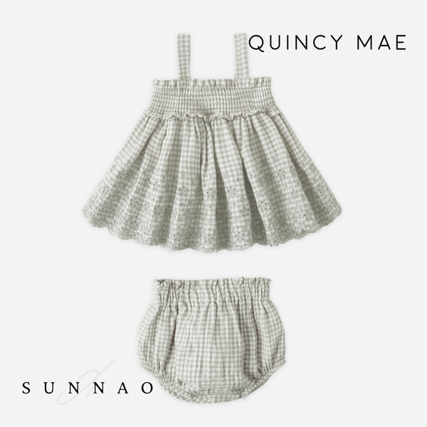 <Quincy mae> MAE SMOCKED TOP + BLOOMER SET - SAGE GINGHAM