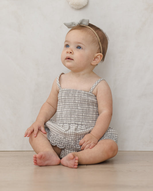 <Quincy mae> SMOCKED SKIRTED ROMPER - SAGE GINGHAM