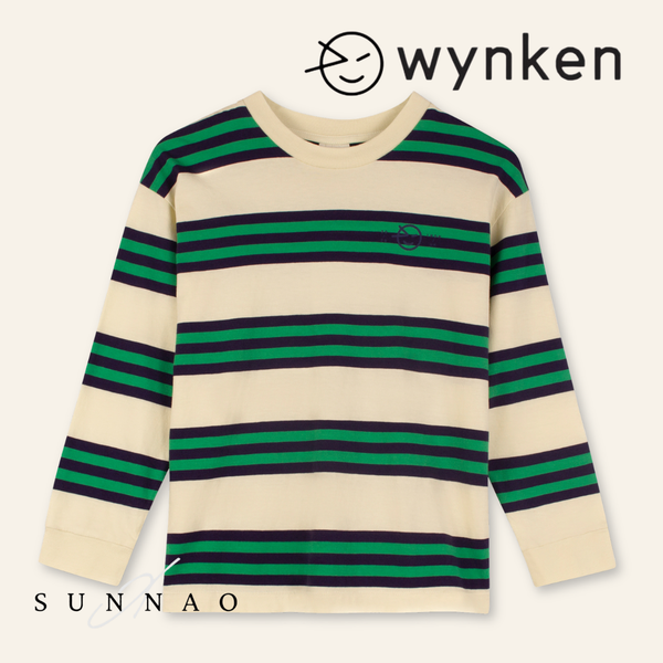 <Wynken> TRIPLE STRIPE LONG SLEEVE TEE - NAVY / GREEN WITH PALE LEMON　