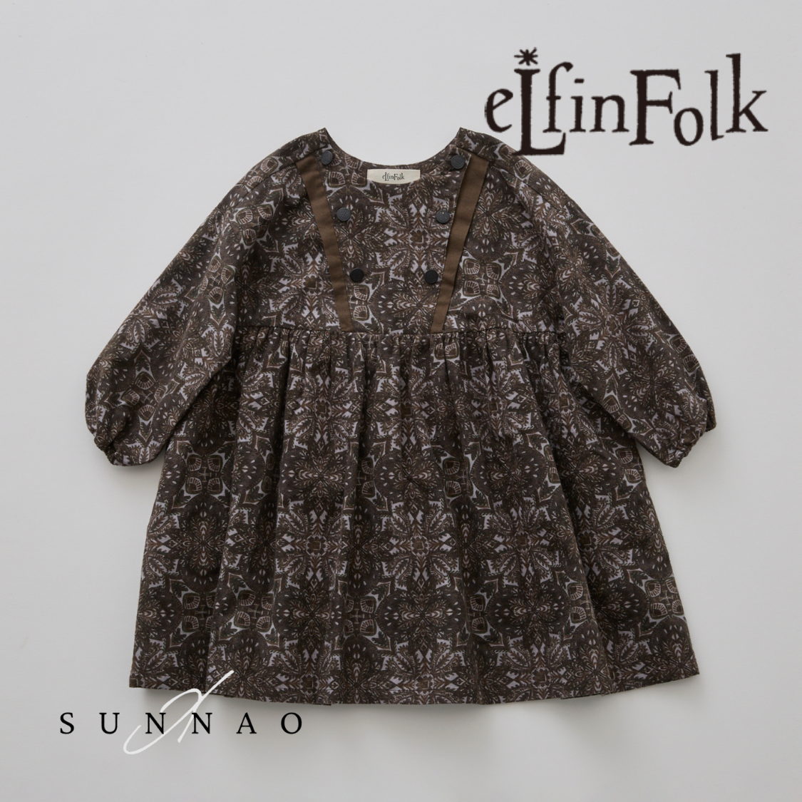 [Pre-order / Scheduled for September shipment] <eLfinFolk> Snow Crystal Printed Dress - dark brown