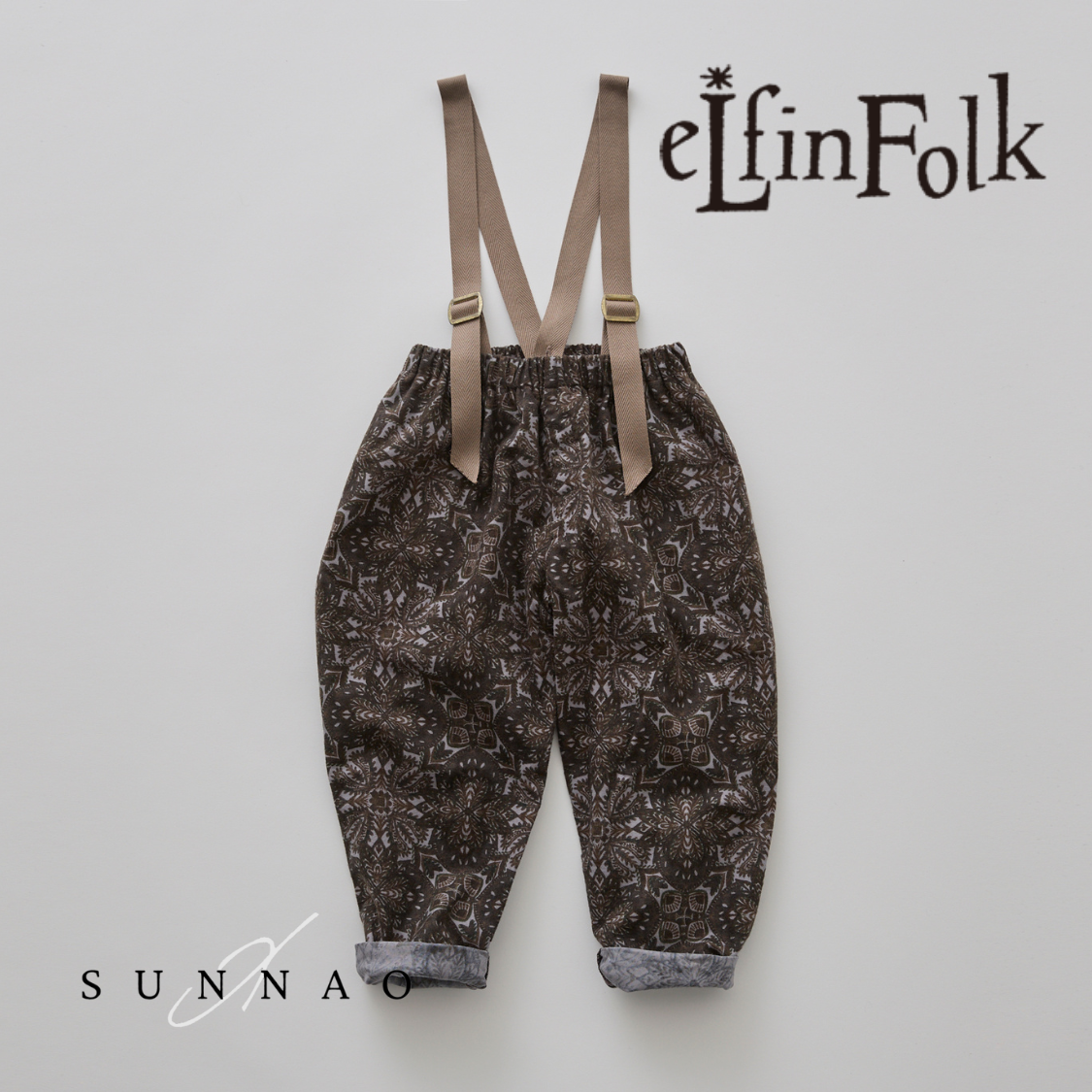 <eLfinFolk> Snow Crystal Printed Suspenders Pants - dark brown